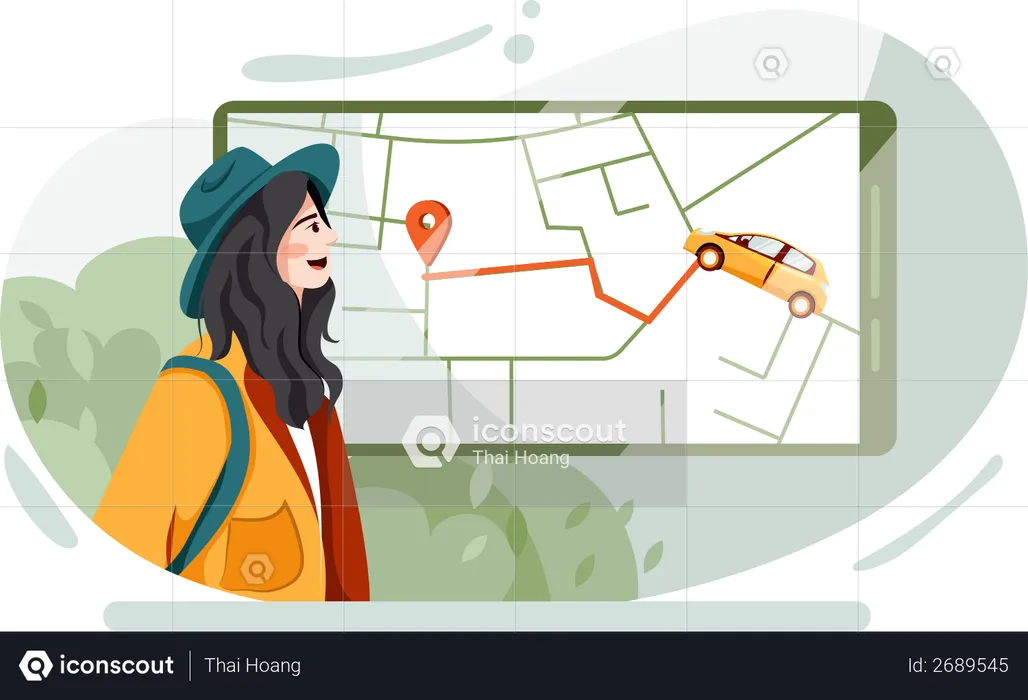 Woman Locating taxi route from digital map  Illustration