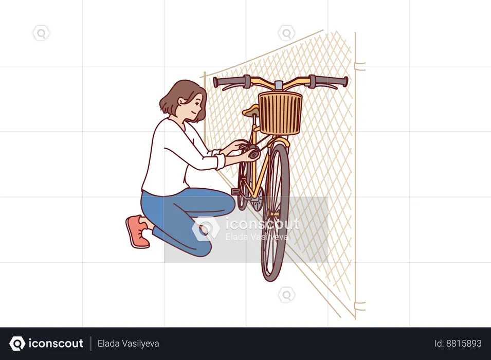 Woman locks her bicycle  Illustration