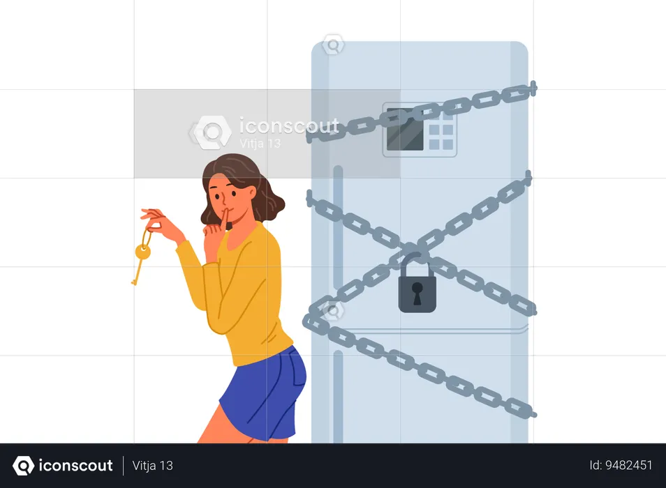 Woman locks her cupboard and hide the key  Illustration