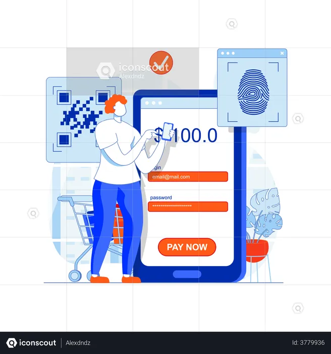 Woman logging into app via biometrics  Illustration