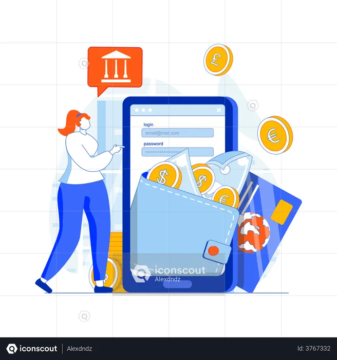 Woman login into banking app  Illustration