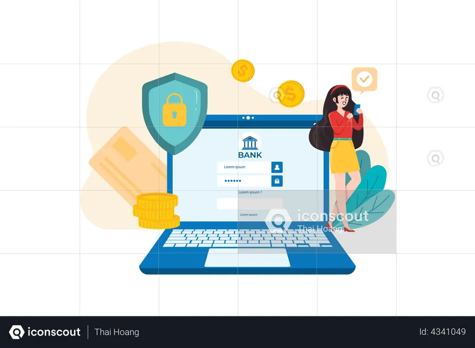 Woman login into banking app  Illustration