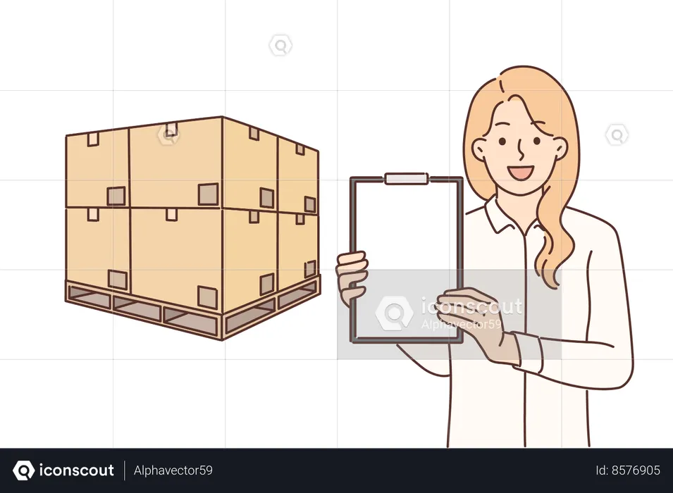 Woman logistician stands near boxes placed on pallet  Illustration