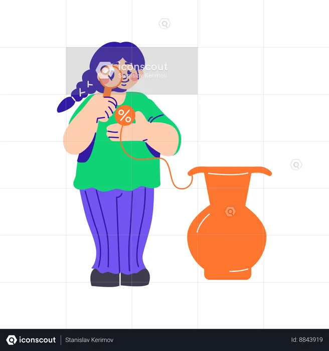 Woman Looking At A Discount Through A Magnifying Glass  Illustration