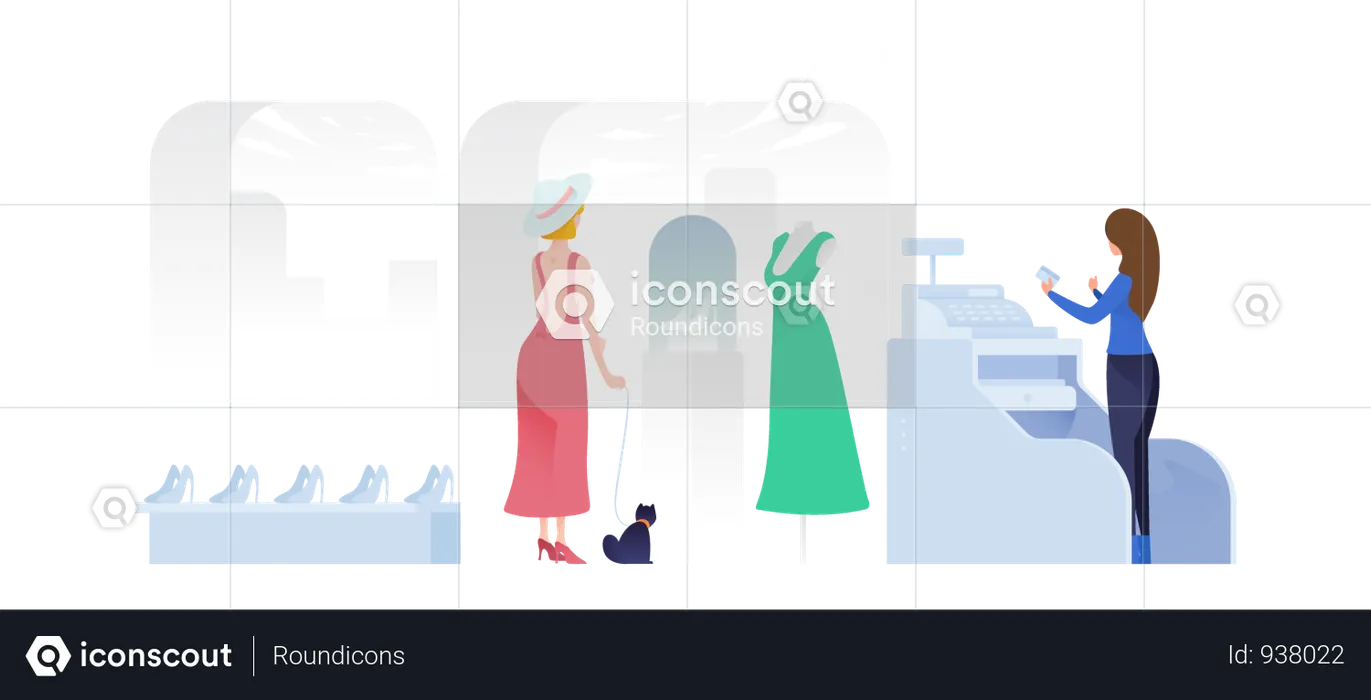 Woman Looking At A Dress And Shoes In Store  Illustration