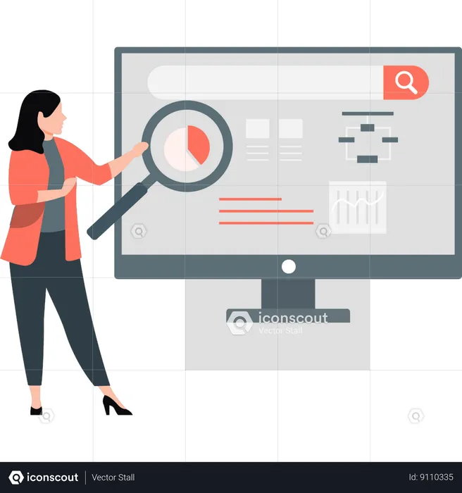 Woman looking at analyst chart on monitor  Illustration