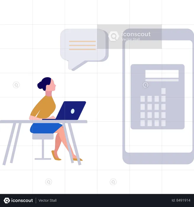 Woman looking at calculator on mobile  Illustration