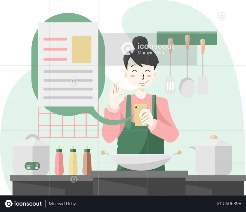 Woman looking at cooking recipe  Illustration
