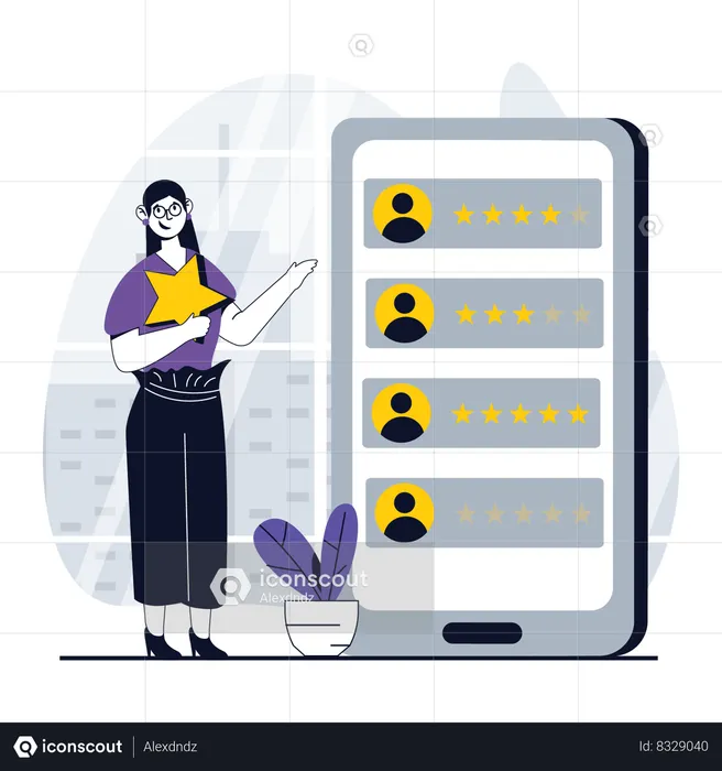 Woman looking at customer ratings  Illustration