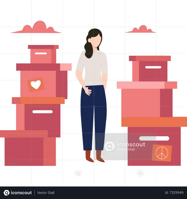 Woman looking at donation boxes  Illustration