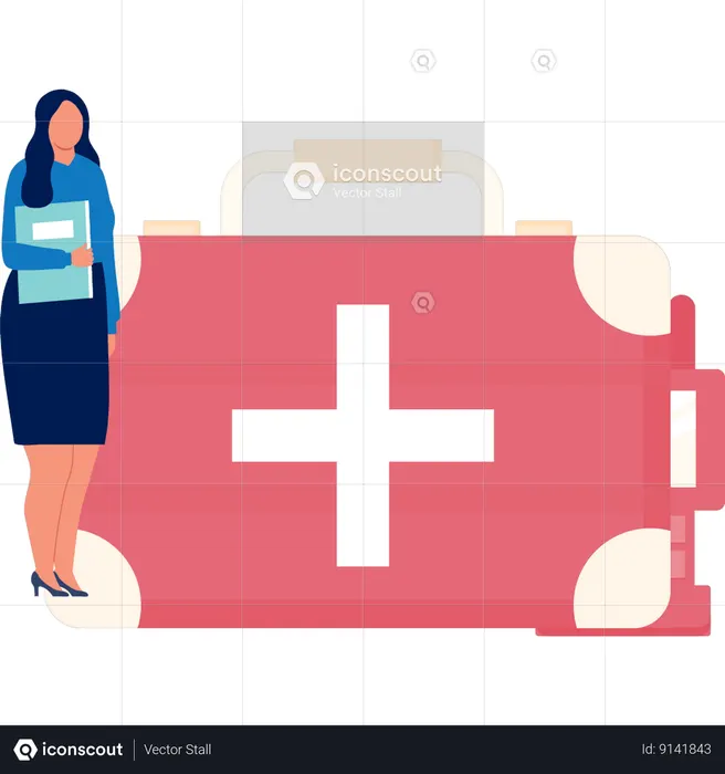 Woman Looking At Emergency Kit  Illustration
