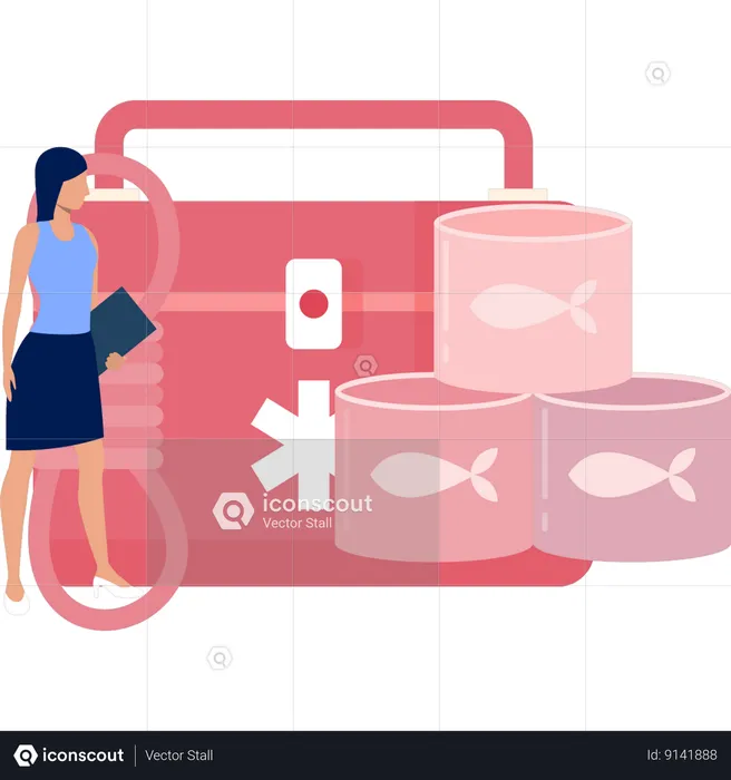 Woman Looking At First Aid Box  Illustration