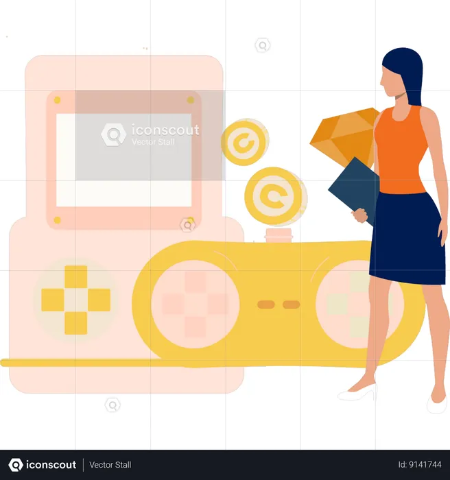 Woman looking at gamepad  Illustration