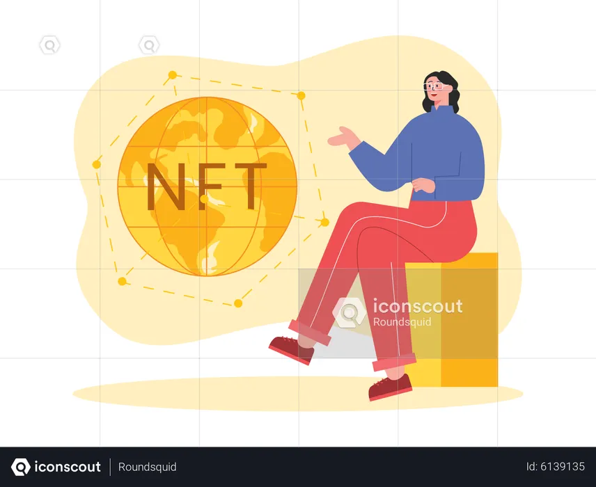 Woman looking at global NFT market  Illustration