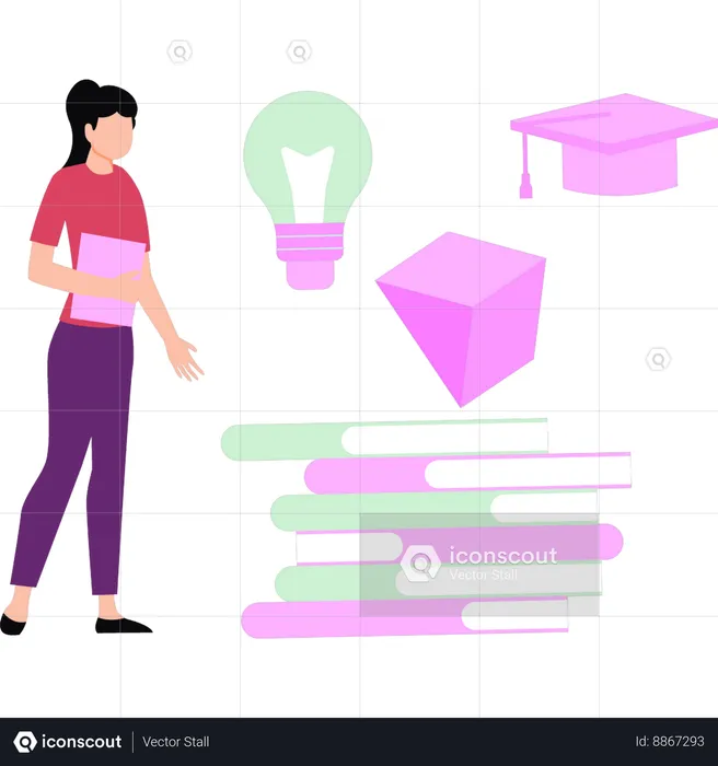 Woman looking at graduation hat  Illustration