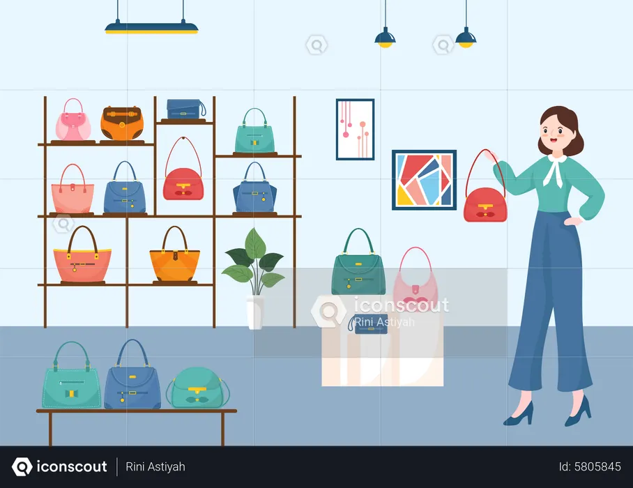 Woman looking at handbag at store  Illustration