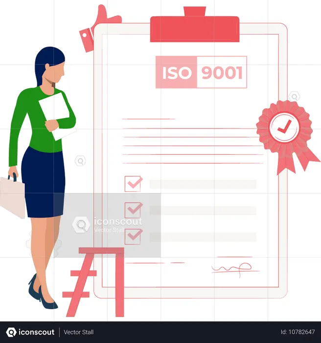 Woman looking at ISO certificate  Illustration
