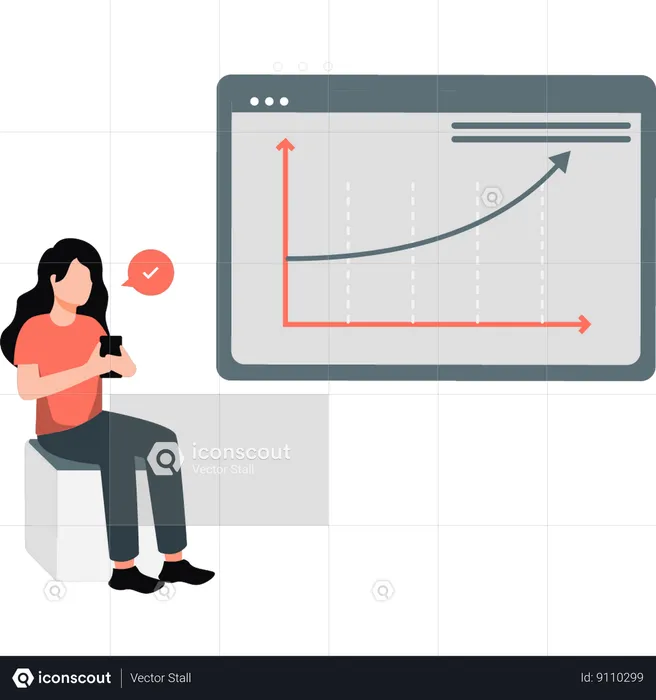 Woman looking at line graph on mobile  Illustration