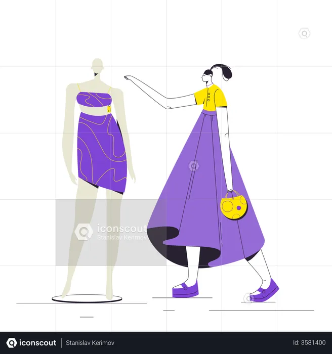 Woman looking at mannequin dress  Illustration