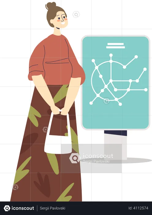 Woman looking at metro system map  Illustration