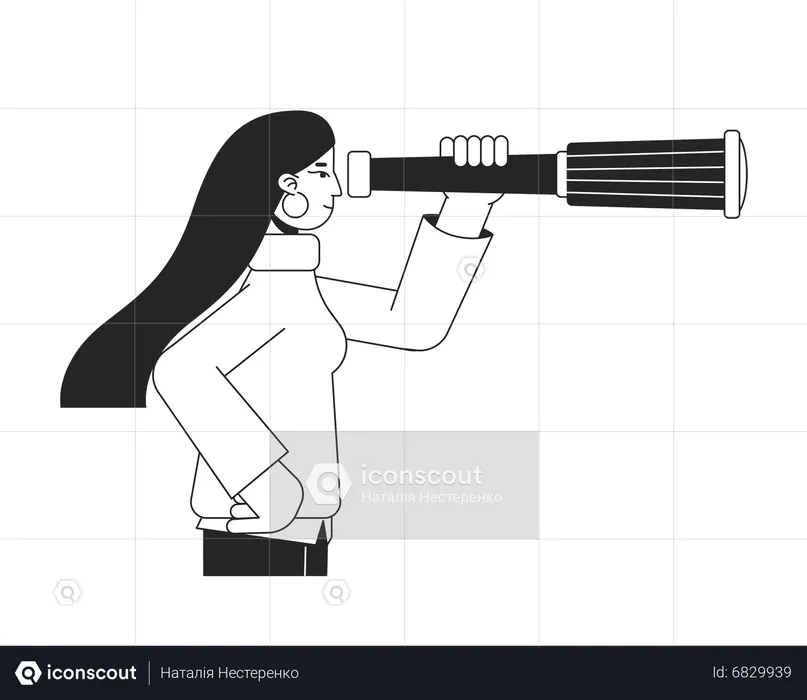 Woman looking at monocular telescope  Illustration