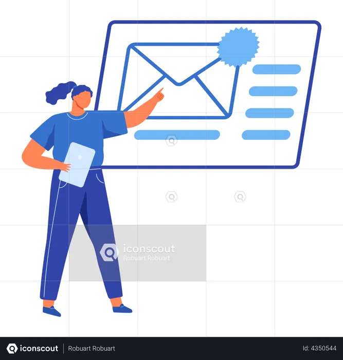 Woman looking at newsletter in digital envelope  Illustration