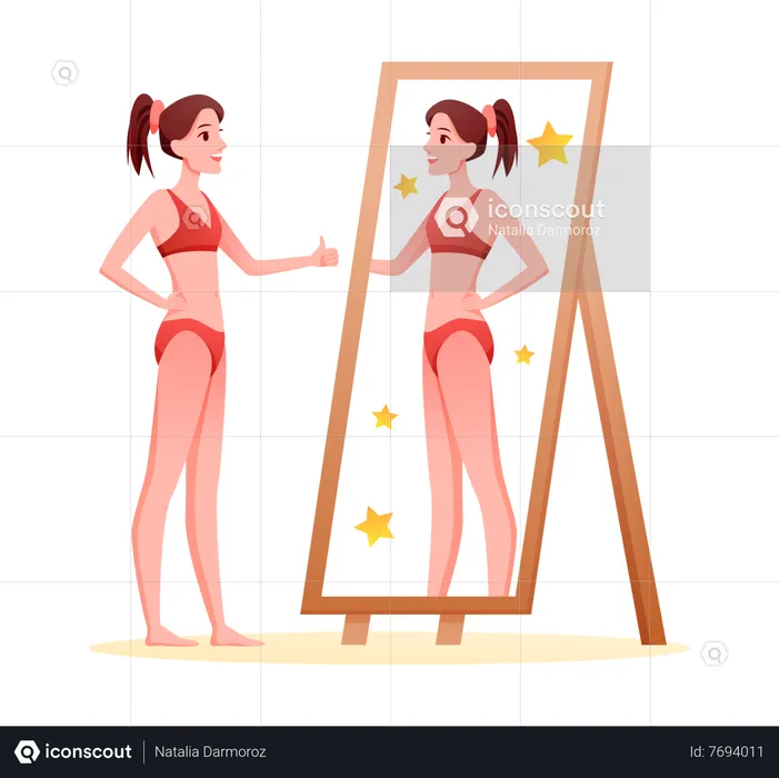 Woman looking at self in mirror  Illustration