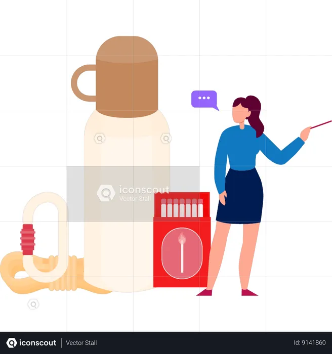 Woman Looking At Thermos Bottle  Illustration