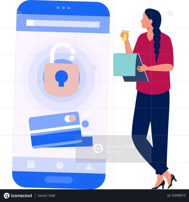 Woman looking at unlocked credit data on mobile  Illustration