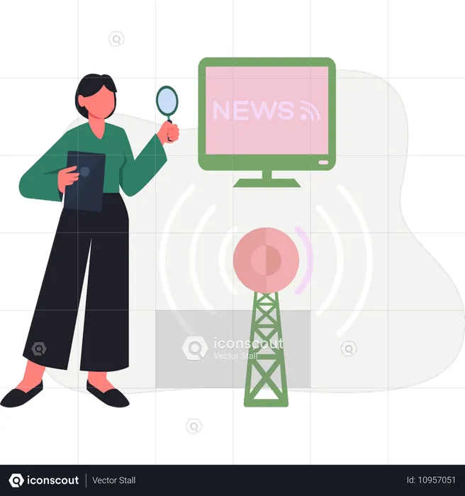 안테나 뉴스를 찾는 여성  일러스트레이션