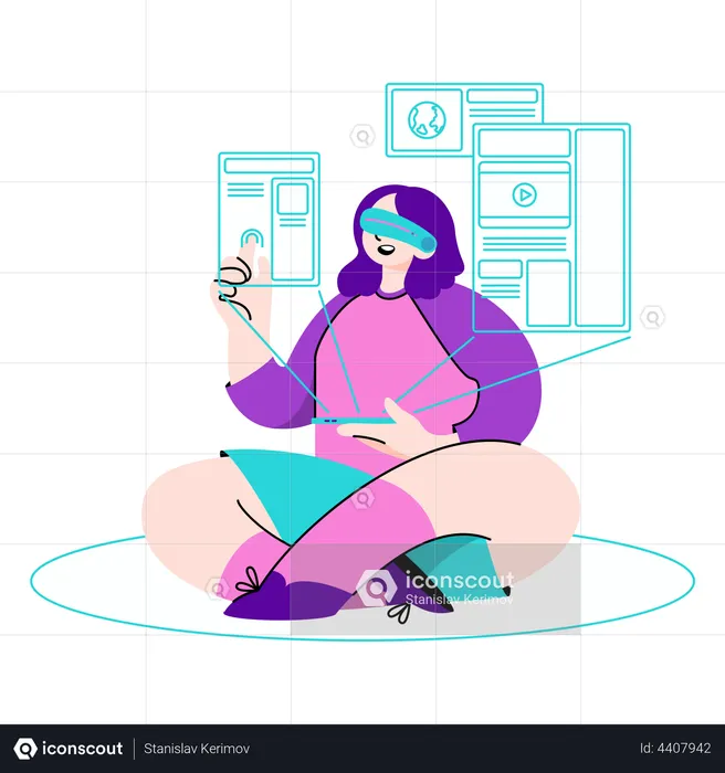 Woman looking for files in virtual reality  Illustration