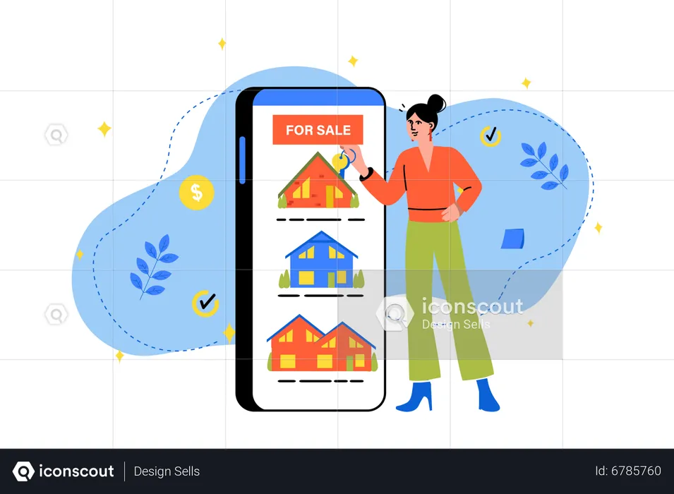 Woman looking for house on sale via mobile app  Illustration