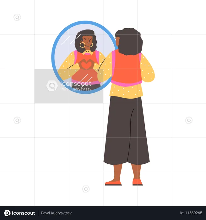 거울을 보며 손으로 하트를 보여주는 여성  일러스트레이션