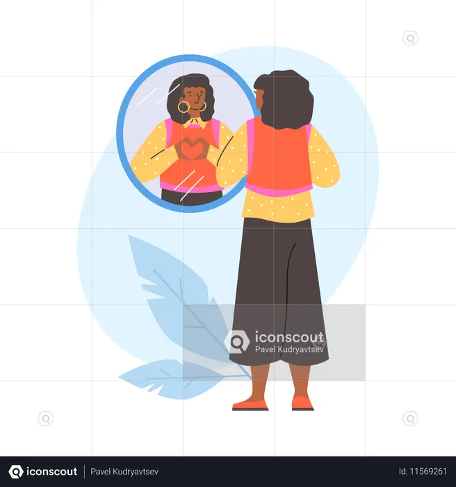 거울을 보면서 손가락으로 하트 표시를 하는 여성  일러스트레이션