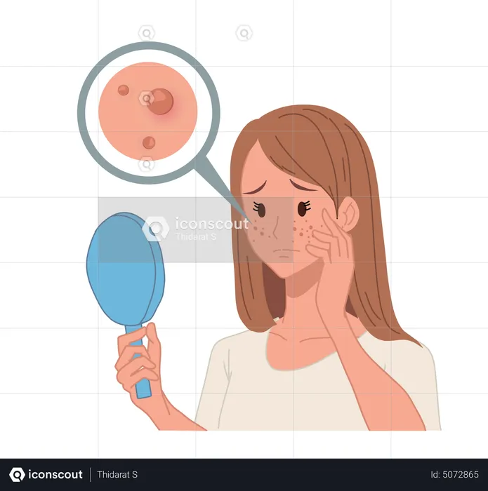 Woman looking into mirror due to acne problem  Illustration
