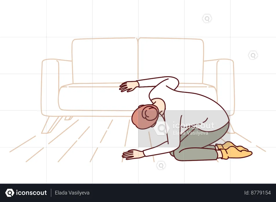 Woman looks under sofa in living room in search of keys  Illustration