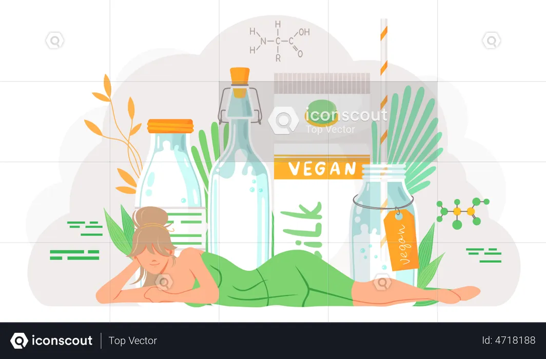 Woman lying near bottles with vegan drink  Illustration