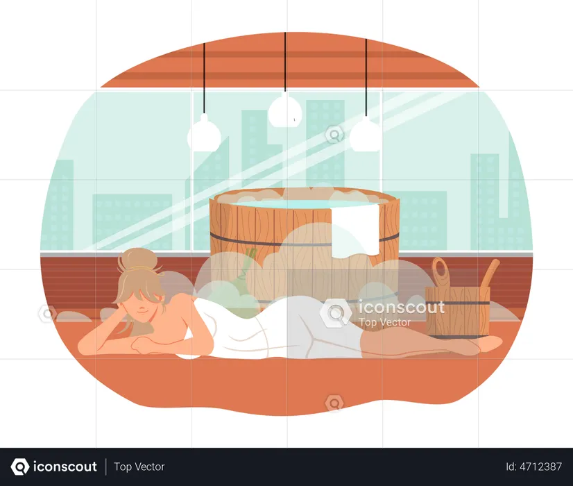 Woman lying near tub with hot water  Illustration