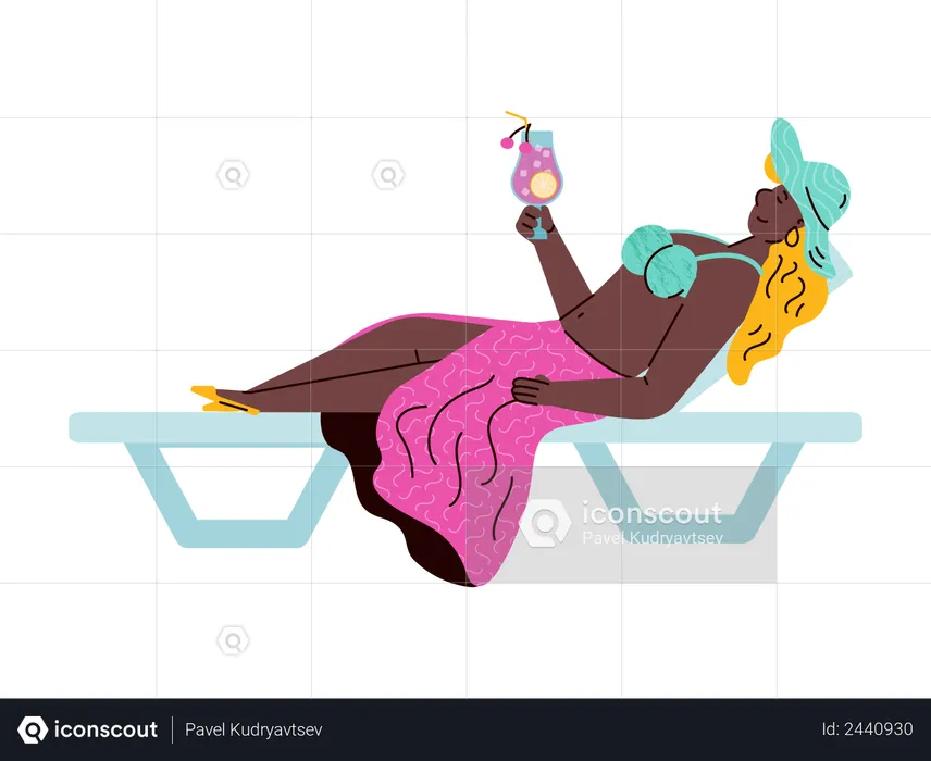 Woman lying on beach lounger and drinking cocktail  Illustration