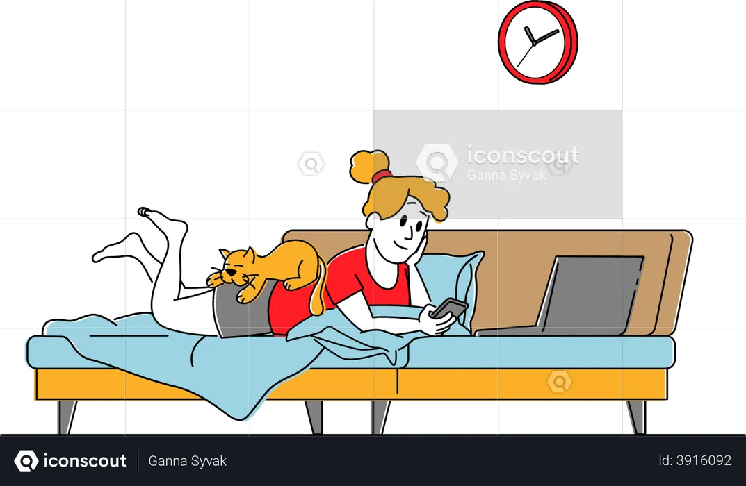 Woman Lying on Couch at Home with Smartphone and Laptop with Cat Sleep on her Back  Illustration