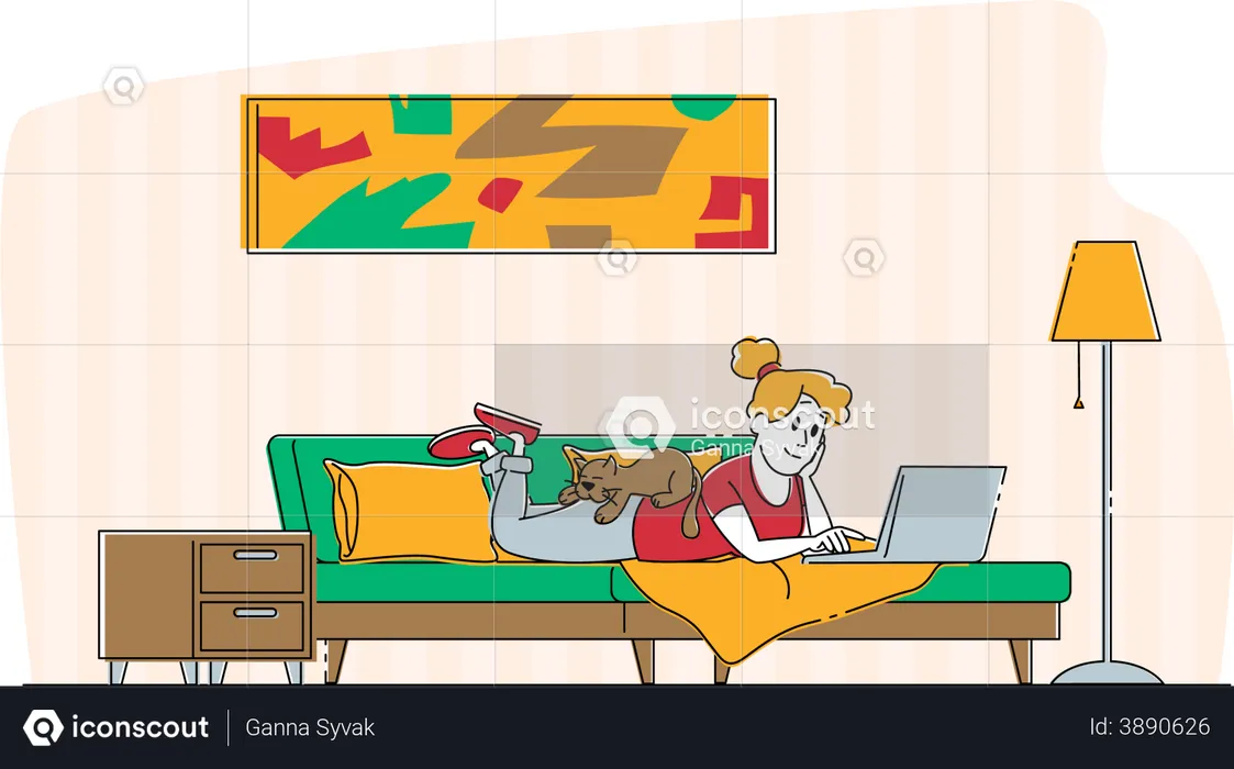 Woman Lying on Couch at Home Working on Laptop  Illustration