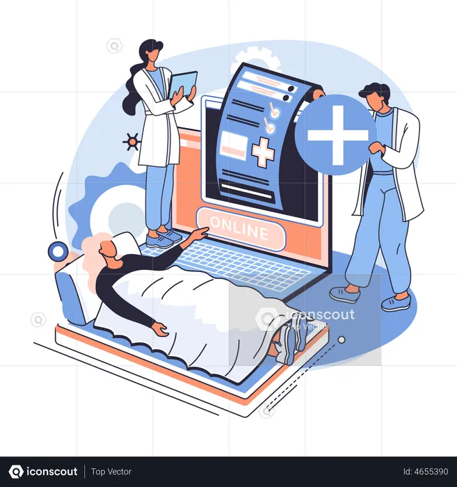 Woman lying on hospital bed using online consultation  Illustration