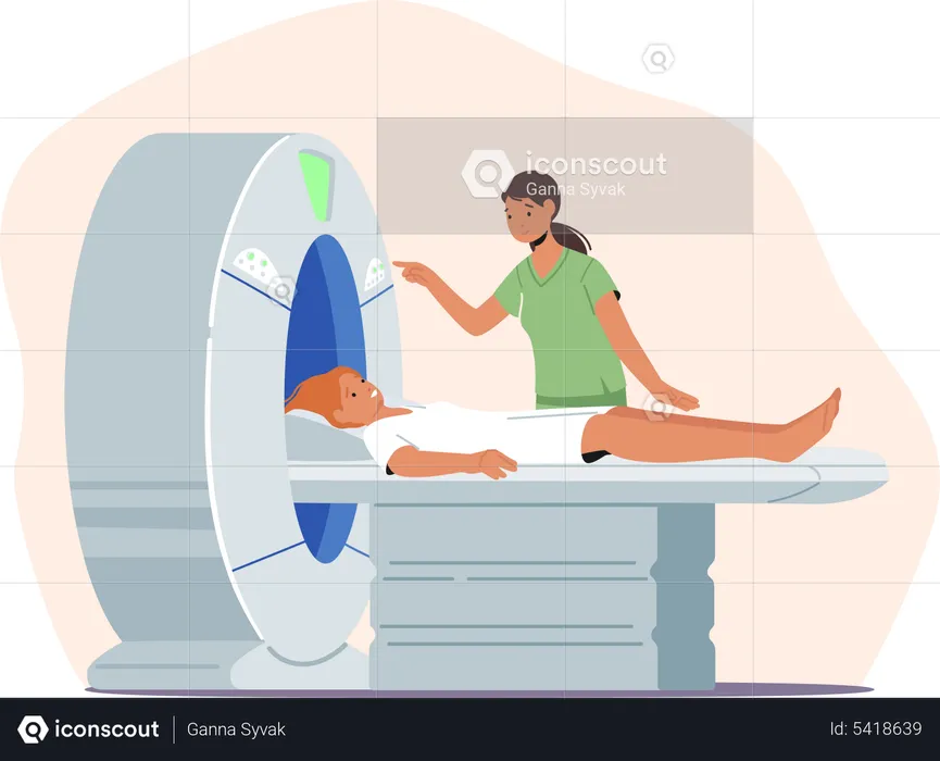 Woman lying on mri scan machine  Illustration