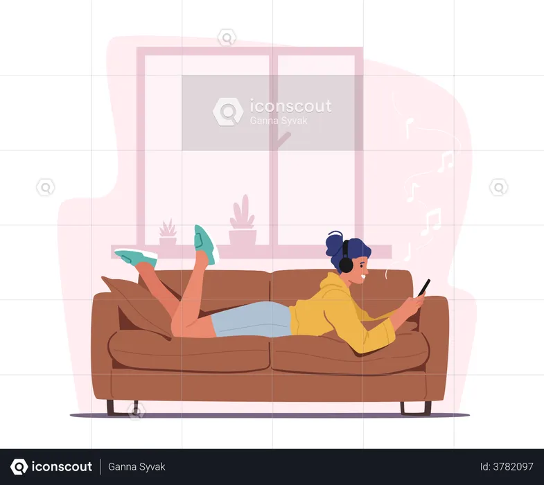 Woman Lying On Sofa And Listening To Music  Illustration