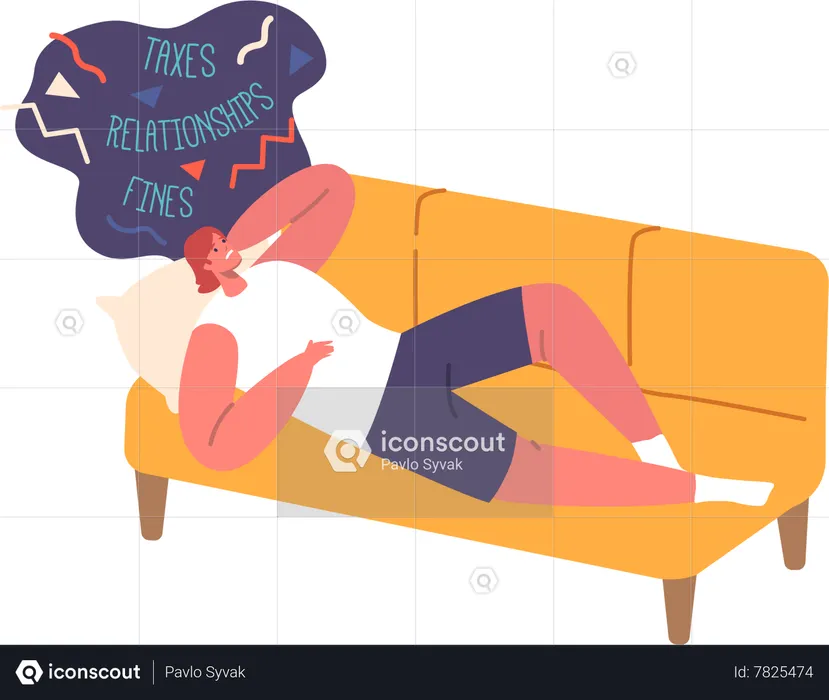 Woman lying on sofa ponders her troubles  Illustration