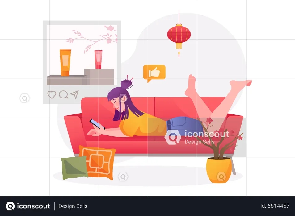 Woman lying on sofa with mobile  Illustration