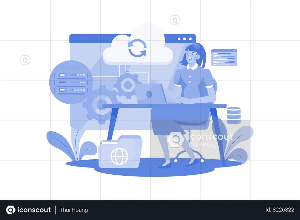 Woman maintaining cloud database  Illustration