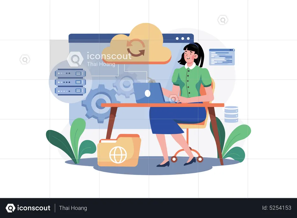 Woman maintaining cloud database  Illustration