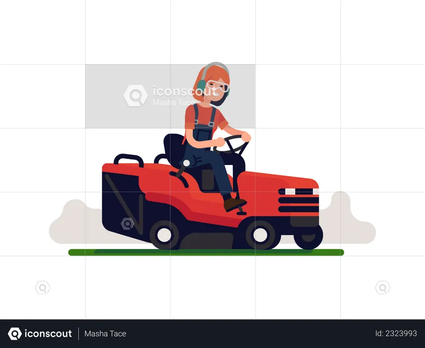 Woman maintaining Garden with compact tractor  Illustration