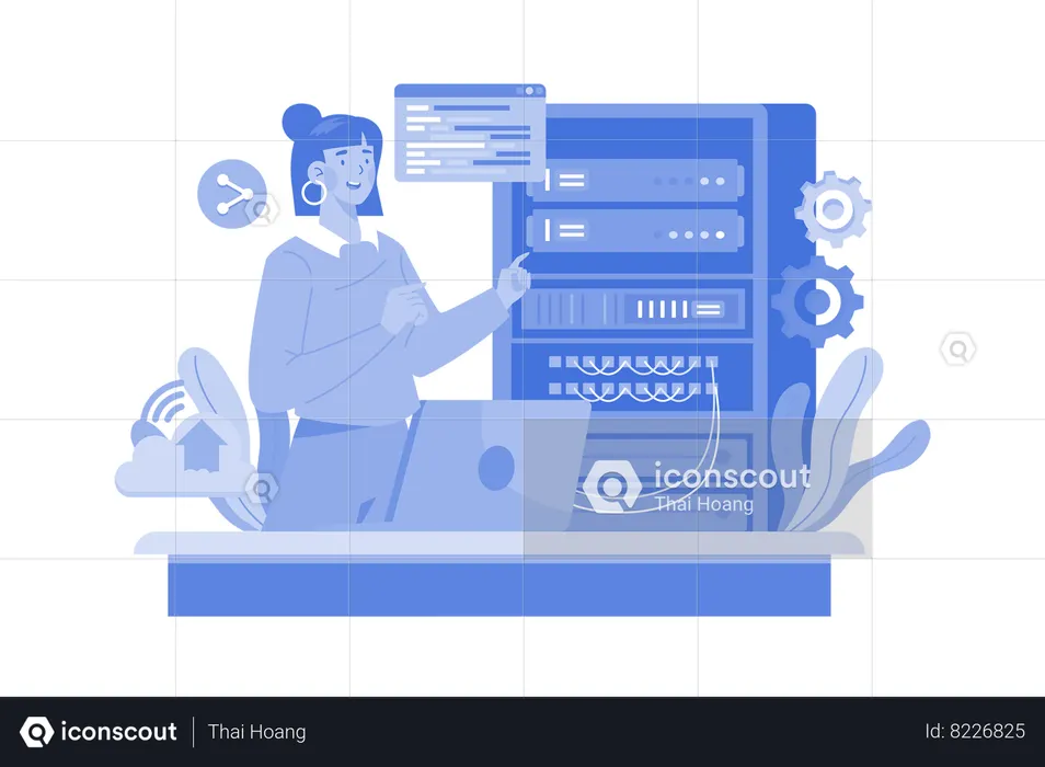 Woman maintaining server data  Illustration